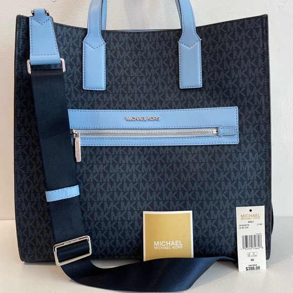 Like-new MICHAEL KORS KENLY Large Graphic Logo Tote Satchel Shoulder Sky Blue - Picture 1 of 8